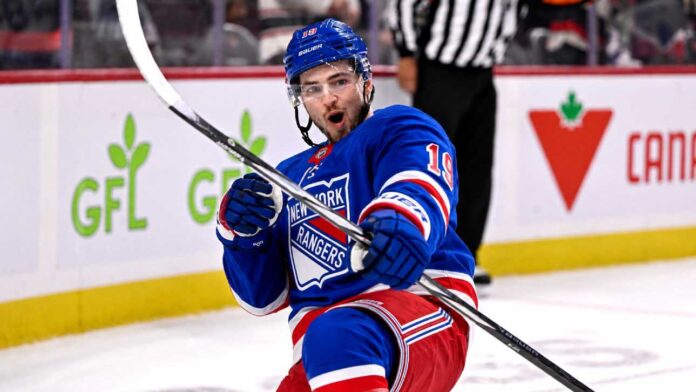 drake-batherson-senators-rangers-trade-rumors Drake Batherson shown in a New York Rangers home jersey amid Ottawa Senators trade rumors and contract speculation