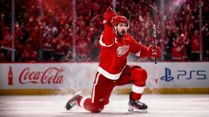 Dylan Larkin celebrates for the Detroit Red Wings as NHL trade rumors intensify over his future in Detroit.