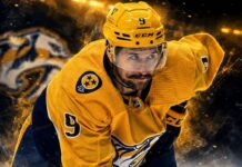 Filip Forsberg Point Projections 2026-27: Nashville Predators Fantasy Outlook Filip Forsberg skating for the Nashville Predators in a dramatic 2026-27 fantasy hockey point projection graphic