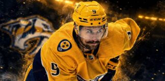 Filip Forsberg skating for the Nashville Predators in a dramatic 2026-27 fantasy hockey point projection graphic