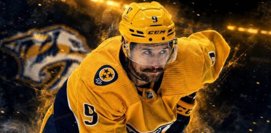 Filip Forsberg skating for the Nashville Predators in a dramatic 2026-27 fantasy hockey point projection graphic
