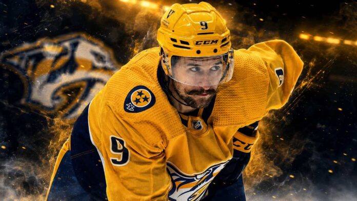 filip-forsberg-nashville-predators-fantasy-hockey-projection-2026-27 Filip Forsberg skating for the Nashville Predators in a dramatic 2026-27 fantasy hockey point projection graphic