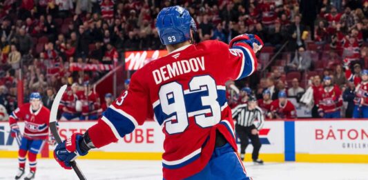 Ivan Demidov skating for the Montreal Canadiens in a 2026-27 fantasy hockey projection after scoring 62 points as an NHL rookie