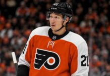 Jason Robertson wearing a Philadelphia Flyers home jersey in NHL trade rumor image linking the Dallas Stars star to Philadelphia
