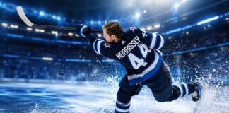 Josh Morrissey firing a shot for the Winnipeg Jets in a 2026-27 fantasy hockey point projection.