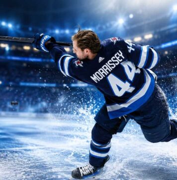 Josh Morrissey Point Projections 2026-27: Winnipeg Jets Fantasy Outlook Josh Morrissey firing a shot for the Winnipeg Jets in a 2026-27 fantasy hockey point projection.