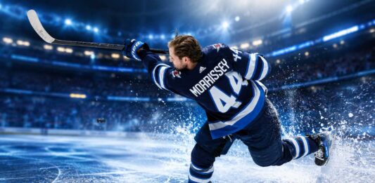 Josh Morrissey firing a shot for the Winnipeg Jets in a 2026-27 fantasy hockey point projection.