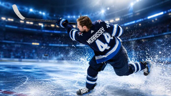 Josh Morrissey firing a shot for the Winnipeg Jets in a 2026-27 fantasy hockey point projection.