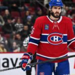 Kirill Marchenko in a Montreal Canadiens home jersey amid trade rumors involving the Columbus Blue Jackets