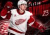 Lucas Raymond skating for the Detroit Red Wings in a 2026-27 fantasy hockey point projection graphic