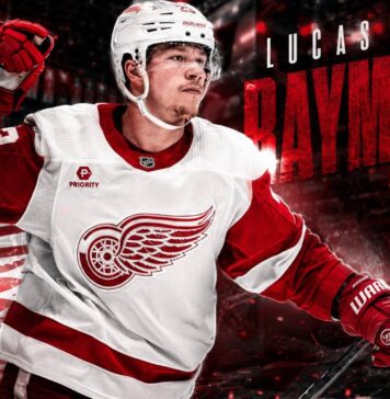 Lucas Raymond Point Projections 2026-27: Detroit Red Wings Fantasy Outlook Lucas Raymond skating for the Detroit Red Wings in a 2026-27 fantasy hockey point projection graphic