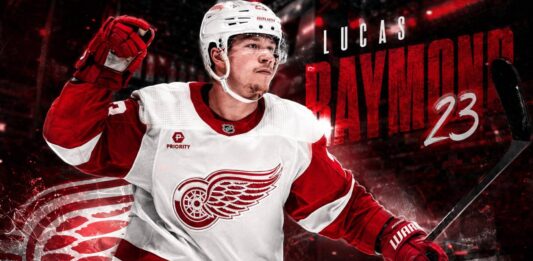 Lucas Raymond Point Projections 2026-27: Detroit Red Wings Fantasy Outlook Lucas Raymond skating for the Detroit Red Wings in a 2026-27 fantasy hockey point projection graphic