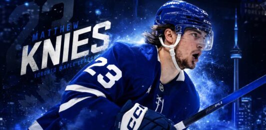 Matthew Knies skating for the Toronto Maple Leafs in a 2026-27 Fantasy Hockey point projection