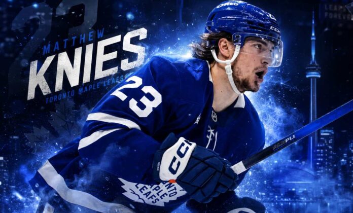 matthew-knies-toronto-maple-leafs-fantasy-hockey-projection-2026-27 Matthew Knies skating for the Toronto Maple Leafs in a 2026-27 Fantasy Hockey point projection