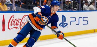 Matthew Schaefer skating for the New York Islanders in a 2026-27 Fantasy Hockey point projection