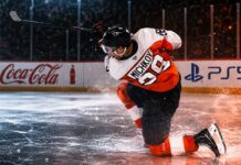 Matvei Michkov Point Projections 2026-27: Philadelphia Flyers Fantasy Outlook Matvei Michkov shooting for the Philadelphia Flyers beside Coca-Cola and PS5 board ads in a 2026-27 fantasy hockey point projection.