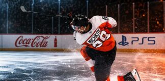 Matvei Michkov shooting for the Philadelphia Flyers beside Coca-Cola and PS5 board ads in a 2026-27 fantasy hockey point projection.