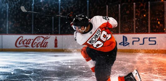 Matvei Michkov Point Projections 2026-27: Philadelphia Flyers Fantasy Outlook Matvei Michkov shooting for the Philadelphia Flyers beside Coca-Cola and PS5 board ads in a 2026-27 fantasy hockey point projection.