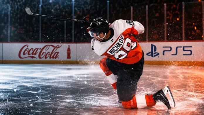 matvei-michkov-philadelphia-flyers-fantasy-hockey-projection-2026-27 Matvei Michkov shooting for the Philadelphia Flyers beside Coca-Cola and PS5 board ads in a 2026-27 fantasy hockey point projection.