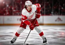 Moritz Seider Detroit Red Wings defenseman skating with the puck for 2026-27 fantasy hockey projection