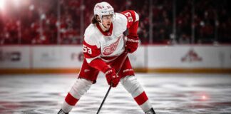 Moritz Seider Detroit Red Wings defenseman skating with the puck for 2026-27 fantasy hockey projection