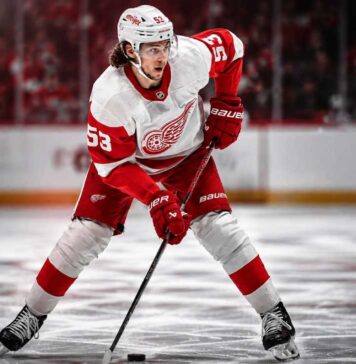 Moritz Seider Fantasy Hockey Projection: How Many Points Will He Score in 2026-27? Moritz Seider Detroit Red Wings defenseman skating with the puck for 2026-27 fantasy hockey projection