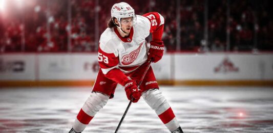 Moritz Seider Fantasy Hockey Projection: How Many Points Will He Score in 2026-27? Moritz Seider Detroit Red Wings defenseman skating with the puck for 2026-27 fantasy hockey projection
