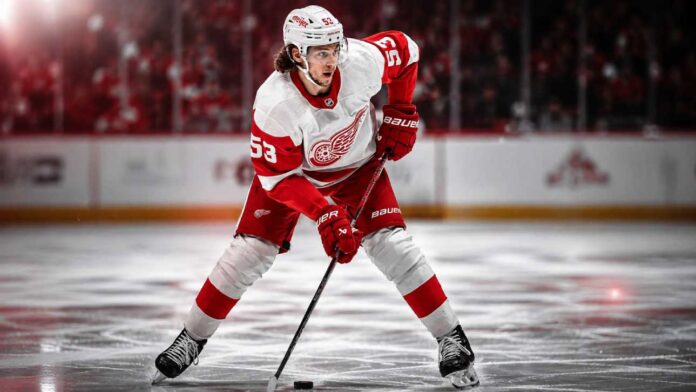 moritz-seider-detroit-red-wings-fantasy-hockey-2026-27 Moritz Seider Detroit Red Wings defenseman skating with the puck for 2026-27 fantasy hockey projection