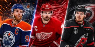 Connor McDavid, Dylan Larkin and Alexander Nikishin featured in a three-way graphic for the latest NHL News and trade rumors.