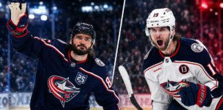 Kirill Marchenko and Adam Fantilli featured in a Columbus Blue Jackets split image as NHL News focuses on Fantilli contract talks and Marchenko trade rumors.