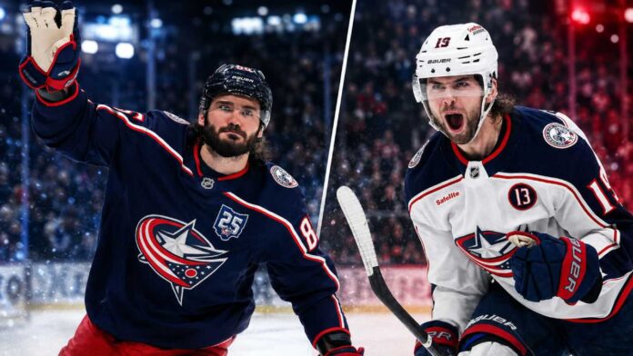 nhl-news-rumors-august-31-2026 Kirill Marchenko and Adam Fantilli featured in a Columbus Blue Jackets split image as NHL News focuses on Fantilli contract talks and Marchenko trade rumors.