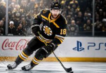 Pavel Zacha skating for the Boston Bruins as NHL trade rumors surround his contract future ahead of the 2026-27 season.