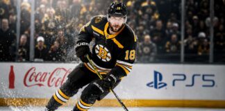 Pavel Zacha skating for the Boston Bruins as NHL trade rumors surround his contract future ahead of the 2026-27 season.