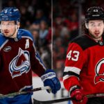 Cale Makar and Quinn Hughes in a split image as Quinn Hughes trade rumors link the Minnesota Wild star to the New Jersey Devils after Makar’s record contract.