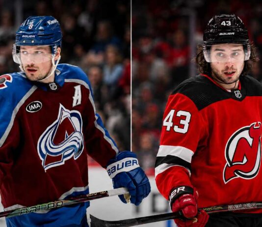 Cale Makar and Quinn Hughes in a split image as Quinn Hughes trade rumors link the Minnesota Wild star to the New Jersey Devils after Makar’s record contract.
