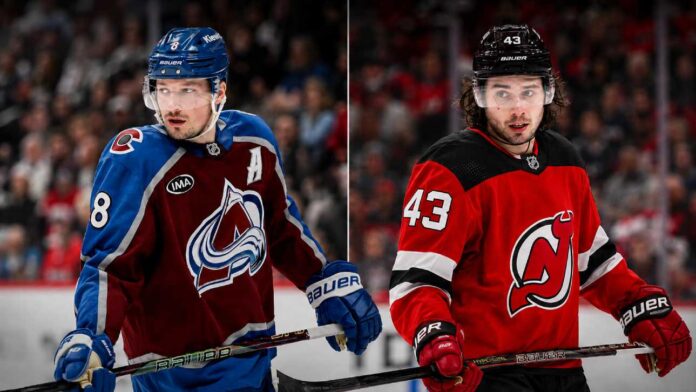 quinn-hughes-devils-trade-rumors-wild-makar-contract Cale Makar and Quinn Hughes in a split image as Quinn Hughes trade rumors link the Minnesota Wild star to the New Jersey Devils after Makar’s record contract.