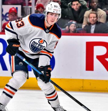Ryan Nugent-Hopkins skating for the Edmonton Oilers in a 2026-27 fantasy hockey projection.