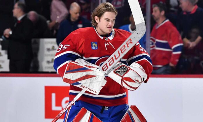 samuel-montembeault-canadiens-trade-rumors-2026 Samuel Montembeault in Montreal Canadiens gear amid trade rumors as Montreal weighs its future with Jakub Dobes and Jacob Fowler.