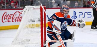 Samuel Montembeault in an Edmonton Oilers home uniform amid NHL trade rumors linking the Montreal Canadiens goalie to Edmonton after Frederik Andersen’s injury.