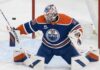 Samuel Montembeault in an Edmonton Oilers uniform amid NHL trade rumors linking the Montreal Canadiens goalie to Edmonton