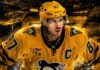 Sidney Crosby Point Projections 2026-27: Pittsburgh Penguins Fantasy Outlook Sidney Crosby skating for the Pittsburgh Penguins in a dramatic 2026-27 fantasy hockey point projection graphic