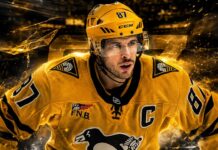 Sidney Crosby Point Projections 2026-27: Pittsburgh Penguins Fantasy Outlook Sidney Crosby skating for the Pittsburgh Penguins in a dramatic 2026-27 fantasy hockey point projection graphic