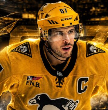 Sidney Crosby Point Projections 2026-27: Pittsburgh Penguins Fantasy Outlook Sidney Crosby skating for the Pittsburgh Penguins in a dramatic 2026-27 fantasy hockey point projection graphic