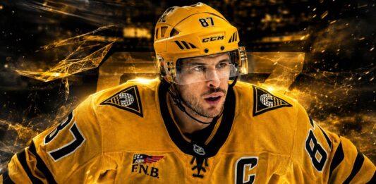 Sidney Crosby Point Projections 2026-27: Pittsburgh Penguins Fantasy Outlook Sidney Crosby skating for the Pittsburgh Penguins in a dramatic 2026-27 fantasy hockey point projection graphic