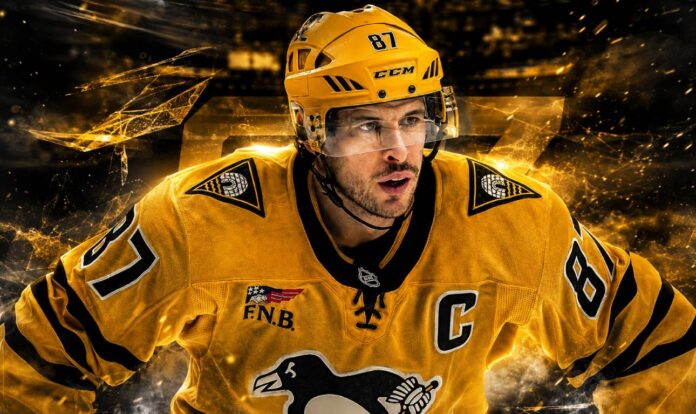 sidney-crosby-pittsburgh-penguins-fantasy-hockey-projection-2026-27 Sidney Crosby skating for the Pittsburgh Penguins in a dramatic 2026-27 fantasy hockey point projection graphic