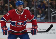 Sidney Crosby in a Montreal Canadiens concept jersey amid trade rumors involving the Pittsburgh Penguins, Michael Hage and a 2027 first-round pick