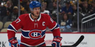 Sidney Crosby in a Montreal Canadiens concept jersey amid trade rumors involving the Pittsburgh Penguins, Michael Hage and a 2027 first-round pick