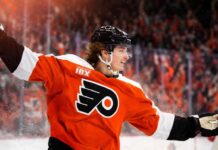 Trevor Zegras Fantasy Hockey Prediction: Is an 80-Point Season Coming With the Philadelphia Flyers? Trevor Zegras celebrates in a Philadelphia Flyers jersey ahead of his 2026-27 fantasy hockey season projection