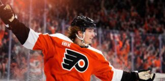 Trevor Zegras Fantasy Hockey Prediction: Is an 80-Point Season Coming With the Philadelphia Flyers? Trevor Zegras celebrates in a Philadelphia Flyers jersey ahead of his 2026-27 fantasy hockey season projection