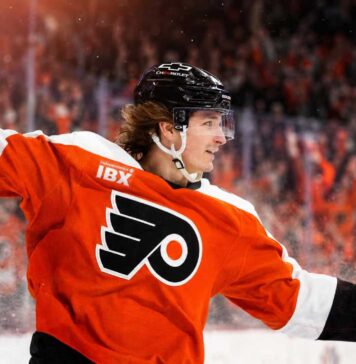 Trevor Zegras Fantasy Hockey Prediction: Is an 80-Point Season Coming With the Philadelphia Flyers? Trevor Zegras celebrates in a Philadelphia Flyers jersey ahead of his 2026-27 fantasy hockey season projection